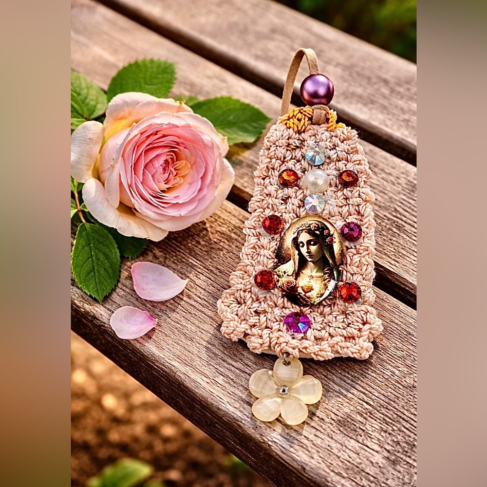 Hand Knits 2 Love Necklace Crochet Glass Cabochon Beads Virgin Mary Faux Suede